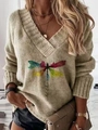 Women's V-neck knit sweater in light khaki with artistic dragonfly print and let it be text - S / Khaki