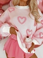 Women's pink knit sweater with heart jacquard pattern and white pleated skirt outfit - S / Pink