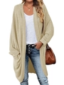 Women's mid-length waffle knit cardigan sweater in beige with practical side pockets - S / Khaki
