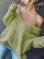 Detailed close-up of light green V-neck hollow out knit sweater with chunky texture - S / Yellow-Green