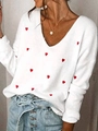 White V-neck knit sweater with red heart patterns and high waist belted blue jeans - S / White