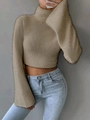 Detailed close-up of fuzzy beige turtleneck cropped sweater with plush knit texture - Khaki