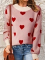 Pink women's long sleeve crewneck sweater with red heart patterns for Valentine's Day - S / Pink
