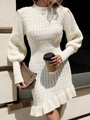 Elegant cable knit crewneck mini dress with puff sleeves and ruffled hem in white color - S / Milky White