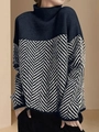 Pull en maille pour femme à col rond et manches longues avec motif chevrons noir et blanc - S / Bleu marine