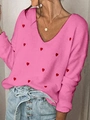 Detail of V-neck pink knit sweater with red heart patterns for women fall fashion - S / Pink