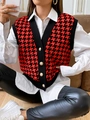 Close-up of a red houndstooth knit vest featuring vintage gold buttons and a V-neck design - S / Black + Red