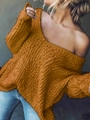 Close-up of mustard yellow V-neck hollow out knit sweater showing chunky texture - S / Yellow Orange
