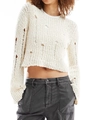 White distressed knit sweater with long sleeves and hollowed details for casual style - S / Apricot