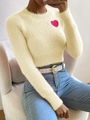 Detailed texture of cream knit sweater with hot pink heart patch in fuzzy plush fabric - S / Off White