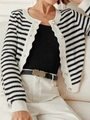 Women's knit cardigan with black and white stripes and pearl gold buttons for spring style - S / Black and White Mixed