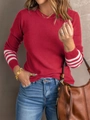Detail of red knit sweater featuring stylish white stripes on the cuffs for women - Burgundy