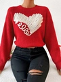 Red knit pullover sweater featuring a 3D heart embroidery and classic round neck - S / Red