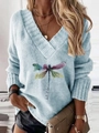Detail of light blue V-neck knit sweater featuring artistic dragonfly print and slogan - Light Blue