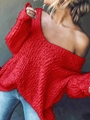 Close-up of red chunky knit sweater featuring V-neck hollow out design and long sleeves - S / Red