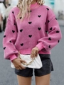 Pull en tricot rose à motifs de cœurs noirs et col rond côtelé pour femme - S / Rose