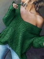 Close-up of chunky dark green knit sweater featuring a wide V-neck and hollow-out texture - S / Green
