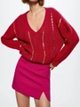 Women's V-neck long sleeve knit sweater and mini skirt set with gold sequins - S / Red