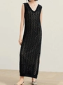 Elegante vestido largo de punto negro con cuello en V y abertura lateral para playa - S / Negro
