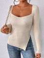 Top in maglia crema slim con scollo quadrato a cuore e orlo con spacco asimmetrico - S / Albicocca
