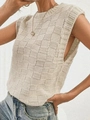 Chic beige sleeveless knitted vest with textured checkerboard pattern and crew neckline - S / Khaki