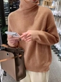 Women's oversized high neck knit sweater in camel brown featuring ribbed cuffs and soft texture - S / Camel