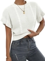 Detail of white knit top with cable stitch patterns and delicate ruffled sleeve cuffs - S / White