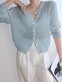 Dettaglio del cardigan in maglia trasparente azzurro con scollo a V e bottoni bianchi - S / Azzurro