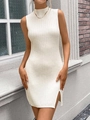 Vestido de punto sin mangas beige con textura acanalada y abertura lateral ajustado - S / Blanco Roto