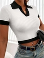 Women's knit polo crop top with V-neck collar and contrast black trim in ribbed white fabric - S / White