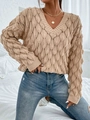 Pull en maille beige à col en V avec motif de feuilles texturé et manches longues - S / Kaki