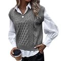 Oversized V-neck cable knit sweater vest for women in grey paired with a white shirt - S / Gray