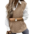 Oversized V-neck cable-knit sweater vest in light camel styled with a white shirt - S / Khaki
