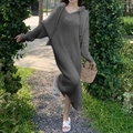 Oversized dark grey hooded knit maxi dress with long sleeves and side slits - One Size / Gray