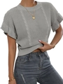 Detail of grey short sleeve knit sweater with cable texture and ruffle flutter sleeves - S / Gray