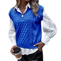 Oversized royal blue V-neck cable knit vest for women in a classic layering style - S / Blue