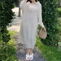 Women's cream white long sleeve hooded knit dress in chunky knit and loose fit - One Size / White
