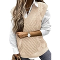 Beige V-neck cable knit sweater vest for women styled over a white long sleeve shirt - S / Apricot