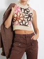 Haut court en maille fleurie pour femme avec col montant et sans manches beige rose - S / Abricot