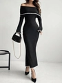 Vestido corto de punto negro con hombros descubiertos y detalles de volantes blancos - S / Negro
