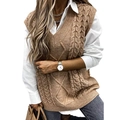 Classic brown V-neck cable knit sweater vest for women styled with a white long sleeve shirt - S / Khaki