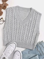 Débardeur en tricot torsadé à col en V pour femme, style décontracté gris pour l'hiver - M / Gris