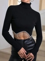 Women's black turtleneck cropped sweater with sparkling rhinestone fringe trim and long sleeves - S