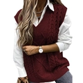 Women's burgundy V-neck cable knit sweater vest styled over a white shirt - S / Burgundy