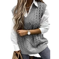 Women's V-neck knitted sweater vest in grey cable knit and diamond pattern design - S / Gray