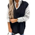 Black V-neck cable knit vest layered over white shirt with a relaxed classic fit - S / Black