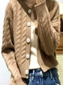 Women's cable knit cardigan sweater with round neck and long sleeves in camel brown - S / Camel