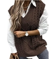 Brown cable-knit V-neck sweater vest for women layered over a white collared shirt - 2XL / Coffee