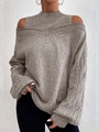 Detail of grey cable-knit texture on long-sleeve sweater with cutout shoulder design - Light Coffee