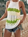 Top a maglia traforata da donna con strisce ondulate verdi e bianche in stile estivo - S / Colori Misti